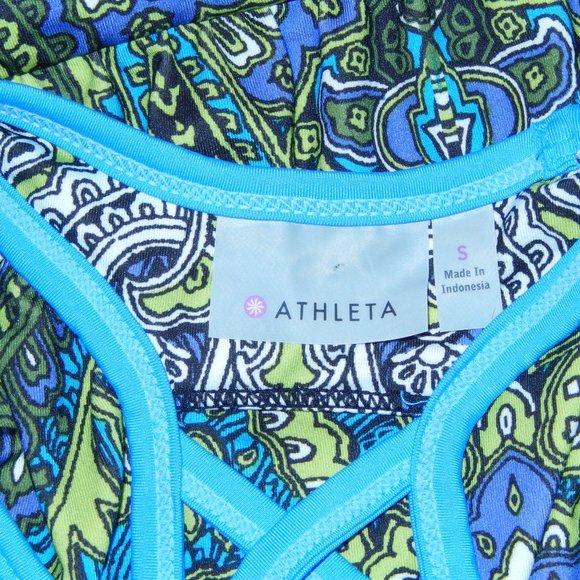 New Athleta Small Tank Top Blue Green Paisley X Back Drop Waist - Picture 4 of 6